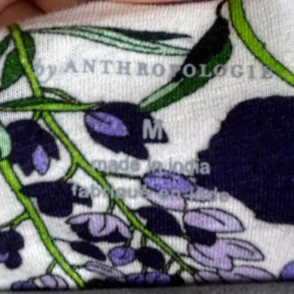 Anthropologie Purple White Floral Ruched Balloon Sleeve Top Cotton Knit Boho M